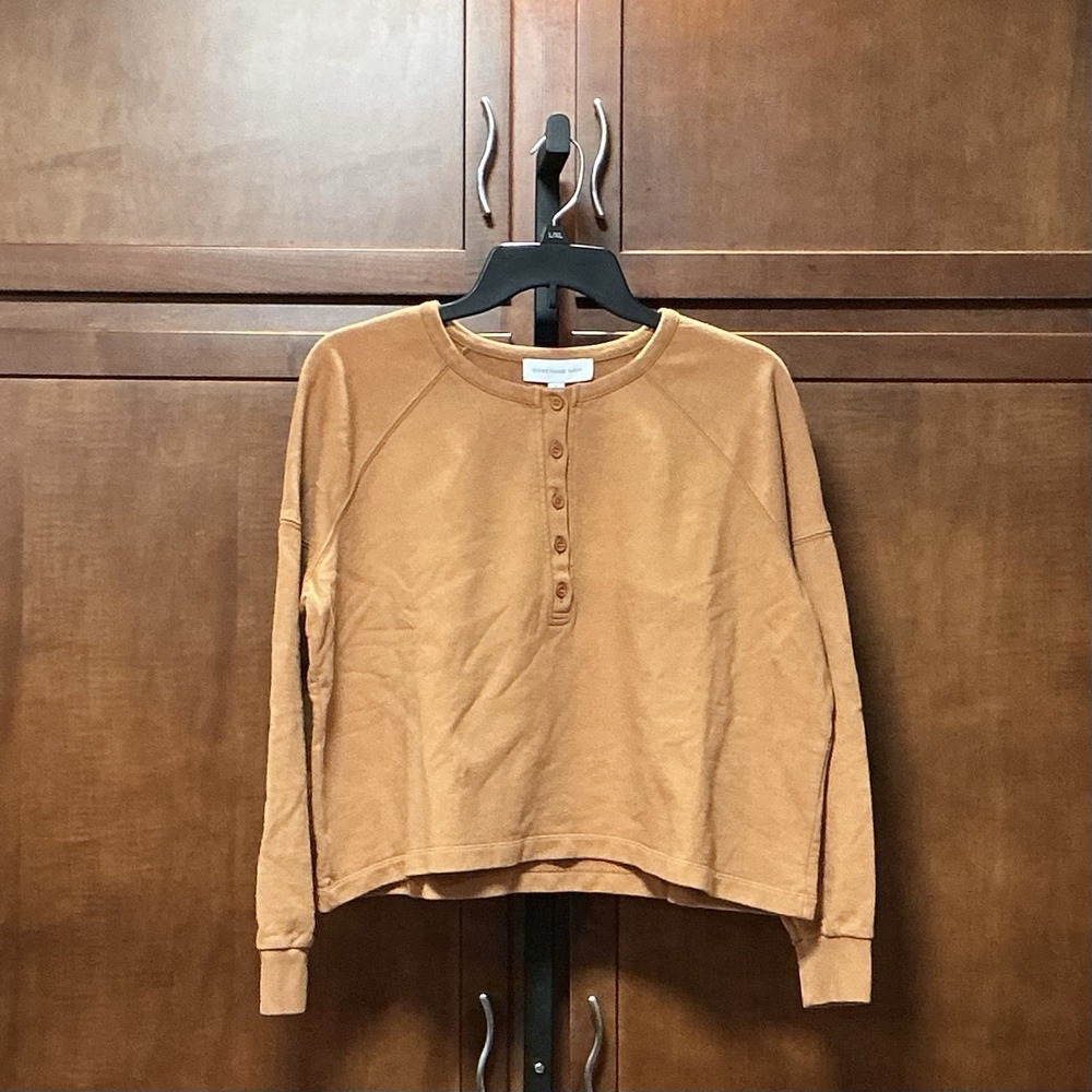 Something Navy Women's Large Camel Henley Sweatshirt 100% Cotton NWT $95